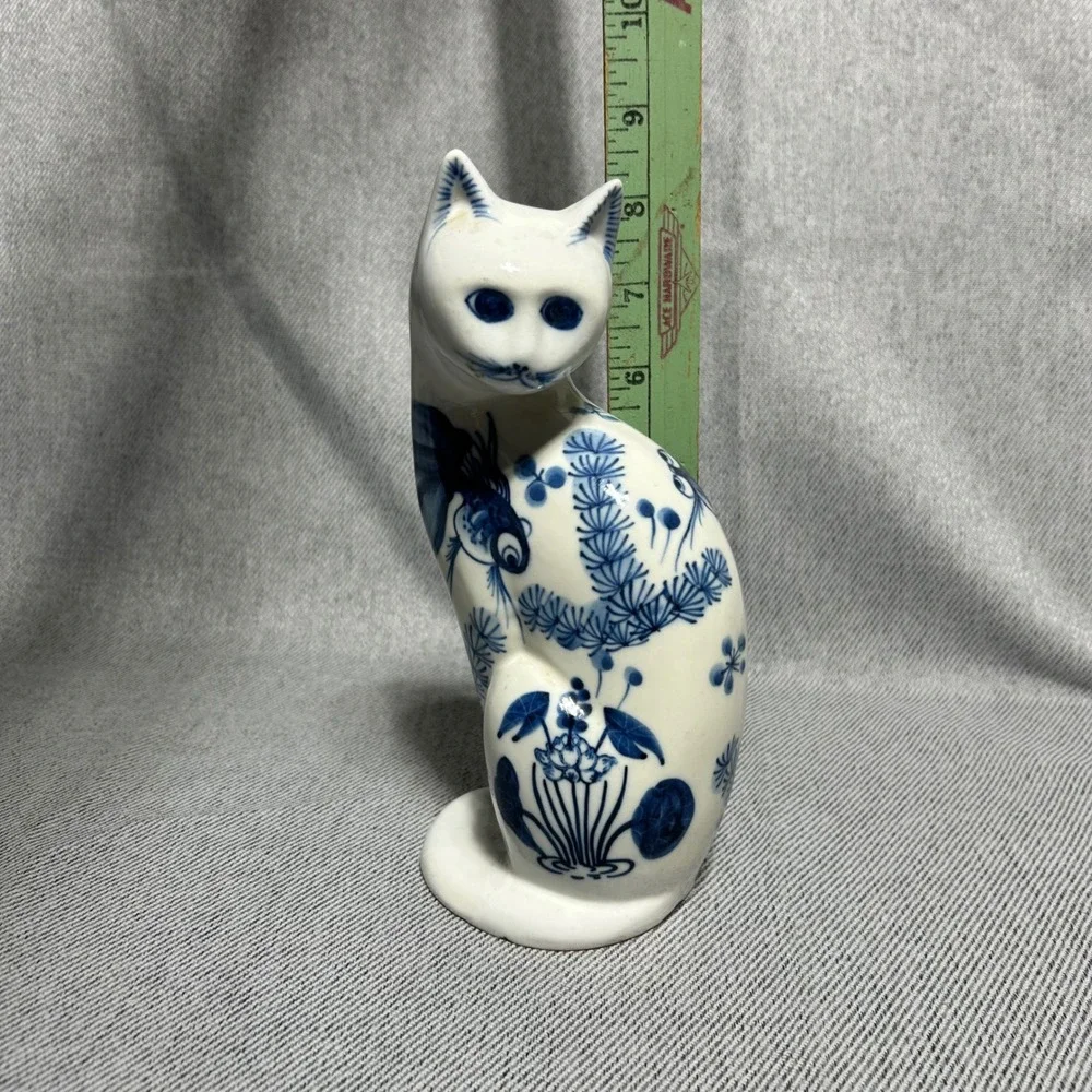 Blue White Porcelain Cat Figurine 8.5